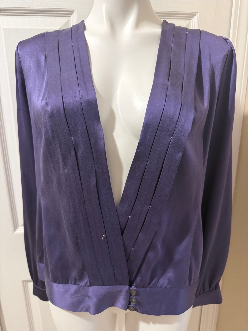 Vintage Silk Purple Pleated V-Neck Women's Robe-Style Blouse Size 8